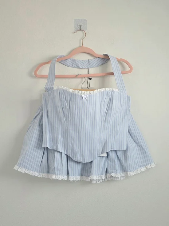 MAJORELLE Light Blue and White Striped Skirt Set with Lace Trim - Picture 2 of 10